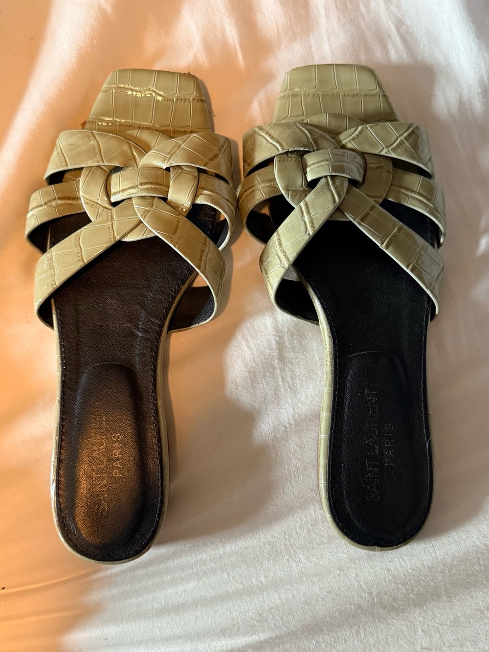 Saint Laurent Tribute Flat Sandals — Sage Croc-Embossed Patent, 36